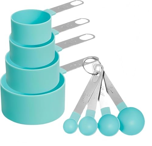 BLANSCHIP 8 Pcs Measuring Cups & Spoons Set, Stackable Stainless Steel Handle, Accurate Tablespoon & Teaspoon for Dry/Liquid Ingredients, Black Plastic Head(Green)