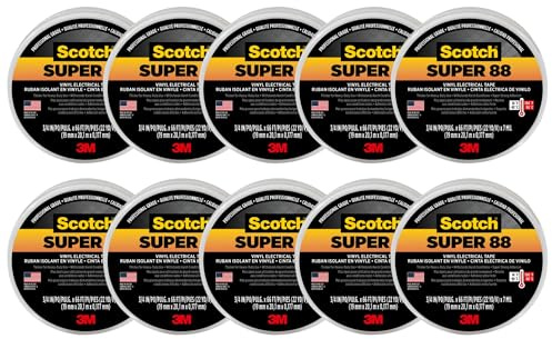 3 M Scotch Cinta Aislante De Vinilo de Super 88, -18 a 105 Grados C, 10000 MV Rigidez dieléctrica, 66 Longitud x 3/4 de ancho, (10 unidades), color negro