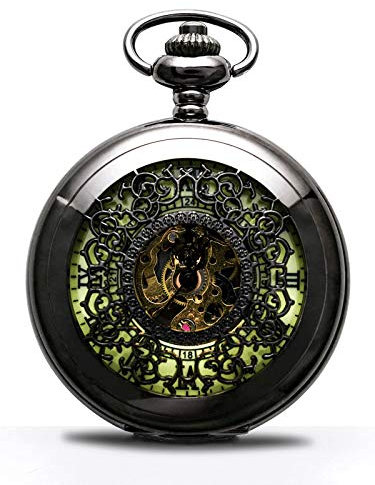 BOSHIYA Herren Taschenuhr Mechanische Leuchtende Vintage Steampunk Skelett Halbjäger Handaufzug Mechanische Taschenuhr mit Kette für Herren Schwarz