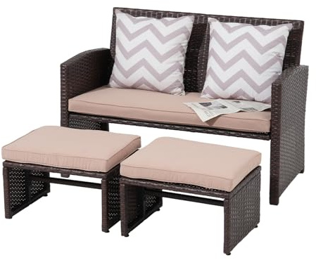OC Orange-Casual Outdoor Loveseat 3 Piece Patio Furniture Set Outdoor Conversation Set All-Weather Wicker Love Seat with Ottoman/Side Table, Brown Rattan, Beige