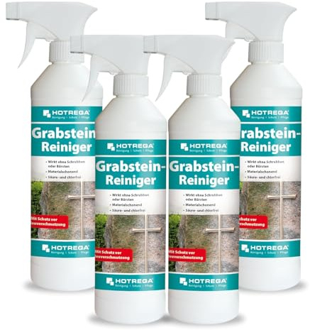 HOTREGA Grabsteinreiniger 4x 500ml | Steinreiniger für Naturstein & Marmor | Selbsttätige Reinigung ohne Schrubben | Schützt bis zu 12 Monate | Chlorfrei & Säurefrei | Für Skulpturen, Bronze & Keramik