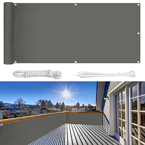 Balkon Sichtschutz 95×1700cm Ohne Bohren, 100% Schutz der Privatsphäre,Blickdichte Balkonumspannung Windschutz UV-Schutz Gartenzaun Schwimmbad-Leitplanke,mit Ösen Kabelbinder und Kordel/Hellgrau
