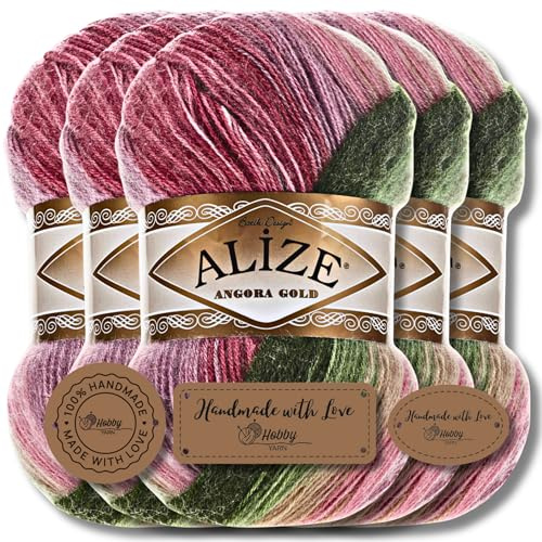 Hobby YARN 3x Etikettenlabel mit Alize Angora Gold Batik Wolle Premium 5x100g als Set, Yarn, Garn, Schurwolle, Farbverlauf, Strickgarn zum Häkeln, Stricken, Kleidung (2527)