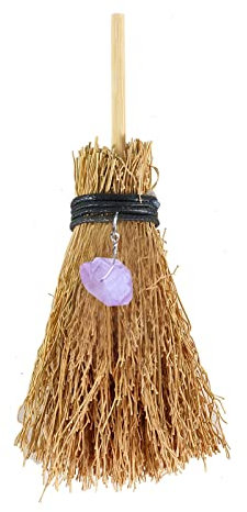 1 mini escoba de paja de bruja de cristal curativo con piedra rugosa de amatista