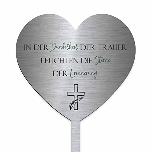 Edelstahl Grabstecker - Blumenstecker Herz Form | Personalisierte Grabdekoration Grabschmuck wetterfest | persönliche Friedhof Grab Deko | Grabherzen Herzstecker |Trauer Geschenk (Festes Design)