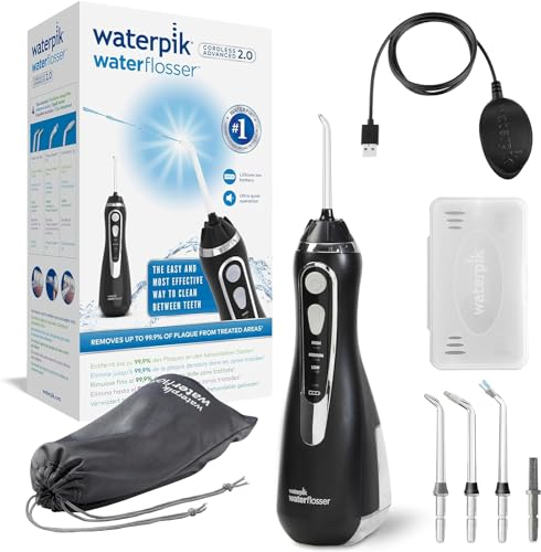 Waterpik Advanced - Hydropulseur Dentaire Sans Fil, Jet Dentaire Portable Rechargeable avec Câble USB, Élimine la Plaque, 3 Niveaux de Pression, Noir (WP-582EU)
