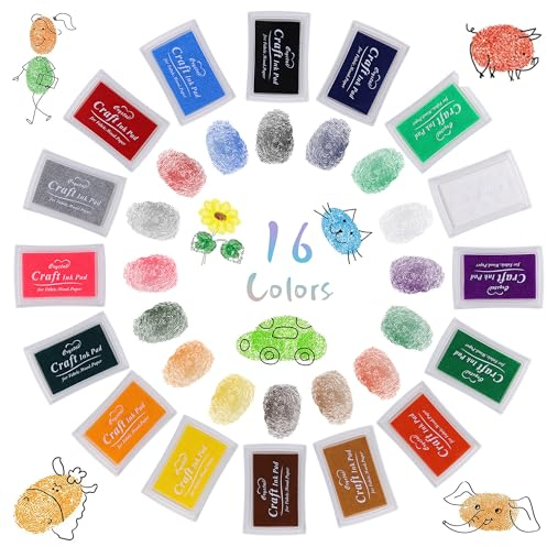 JIANTA Stempelkissen Set, 16 Stück Stempelkissen Bunt, Fingerstempelfarbe, 7,5 x 5,5 cm Stempelkissen Ungiftig Abwaschbar, für DIY, Malerei,Handwerk, Scrapbook, Geburtstag Geschenk(16 Farben)