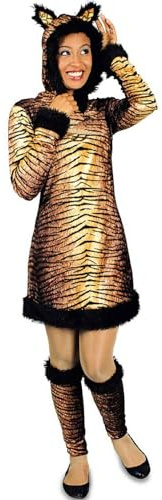 Tiger Tierkostüm für Damen | Kleid mit Stulpen - Fasching Mottoparty Safari Kostümkleid Damenkleid mit Kapuze Streifen Katze Wildkatze Wildnis Karneval