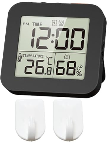 Baoblaze Digitale Badezimmeruhr, digitaler Wecker, zum Aufhängen, multifunktionale Nachttischuhr, Thermometer, Hygrometer, Uhr für Zuhause und Büro, 2 Haken Schwarz