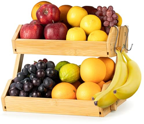 Golden Nature Fruit Basket with Banana Hanger - 2-Tier Bamboo Fruit & Vegetable Storage Organiser for Kitchen Counter - Lightweight & Easy Assembly - Countertop Stand Holder Bowl with Included Screws