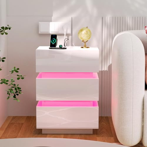 Lvhecforhm Table de Chevet avec Éclairage LED, Blanc Table de Nuit avec Station de Charge, Haute Brillante avec 3 Tiroirs, pour Chambre à Coucher, 2 Prises et Ports USB