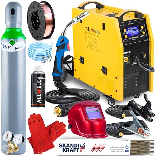 ALLWELD Magnum MIG 291 Alu Cu - 280A Vollsynergisches MIG MAG Schweißgerät mit Schutzgas und Fülldraht 400V - Lötschweißen, MMA, WIG DC - 4 Rollen Drahtvorschub - Set:ProfessionalPlus