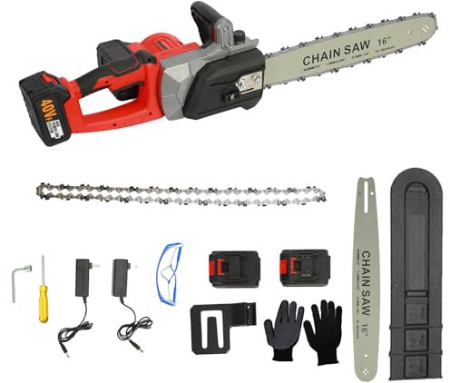 iondelce 3800W Cordless Chainsaw, Powerful Electric Battery Chainsaw with Chain and 16 inches Guide Plate, 2 * 4000mAh Batteries, Chain Saw for Garden Tree Pruning,Red