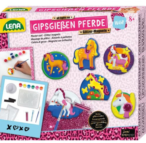 LENA - Moulage en Plâtre Chevaux Magnets Paillettes - Set Complet pour Enfants dès 8 Ans, 6 Magnets de Chevaux avec Paillettes à Créer, avec Peintures, Paillettes & Instructions