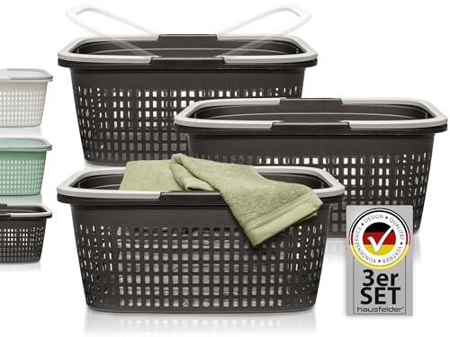 Hausfelder Wäschekorb Set, 3er Set, 58x37x25cm, Anthrazit | Kunststoff, 3er Set, 58x37x25cm, stapelbar, mit Henkel, Wäschekorb, Plastik, Anthrazit, Schwarz, Waschmaschine