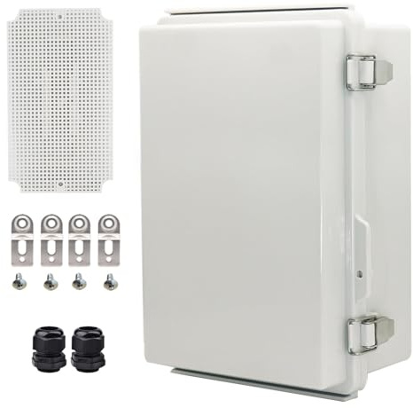 YETLEBOX Wasserdichte Elektrobox mit Montageplatte, IP67 Abzweigdose aus Edelstahl, Scharnier, graue Abdeckung, Projektgehäuse mit Wandhalterung und 2 Verschraubungen, 25,9 x 16 x 9,9 cm