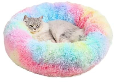 Pevfeciy Hundebett flauschig Katzenbett Donut Kissen waschbar Langer Plüsch Hundecouch mit hohem Rand für Kleine Mittelgroße und Große Katzen Hunde und Andere,Regenbogen,L