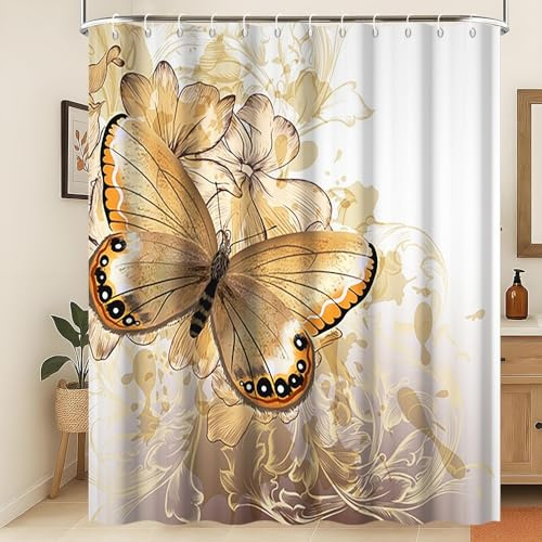 Xiaoterna Gold Duschvorhang 3D Gott Schmetterling Blumen Badezimmer Vorhang Aquarell Schmetterling Gold Blühende Blume Wasserabweisend Stoff Duschvorhang Waschbar Digitaldruck Dekor 180x200cm