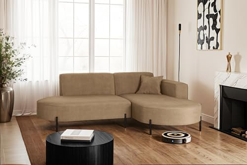 Kaiser Möbel - Ecksofa mit Wohnlandschaft, Eckcouch L Form, Polstersofa, Bequemes Couch mit Ottomane für Wohnzimmer, Relaxsofa, Metallfüße, Veloursstoff, Lounge-Set L-Form, Modena Rein, Beige, Rechts