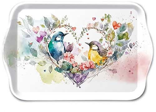 Ambiente Vassoio 13 x 21 cm in melamina con coppia di uccelli e cuore, per decorare e servire, piccolo vassoio da portata per caffè, tè, colazione, decorazione da tavolo, San Valentino, matrimonio