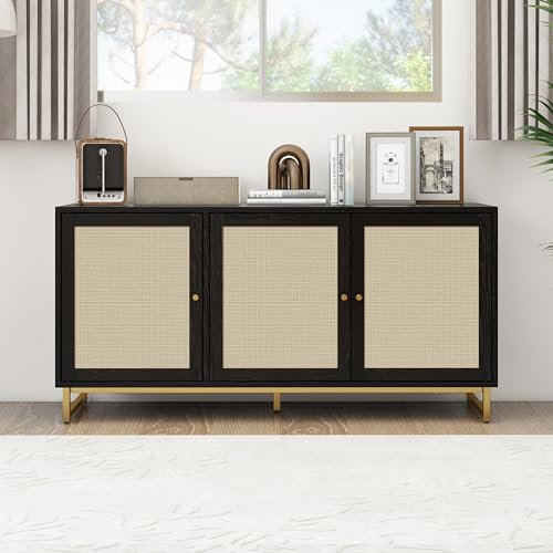 GM Ultra Schwarzer Sideboard-Schrank mit DREI Türen und Rattangeflecht, Länge 120 cm, mit Metallfuß, geeignet für Schlafzimmer, Wohnzimmer, Arbeitszimmer und andere Räume(120x40x58)