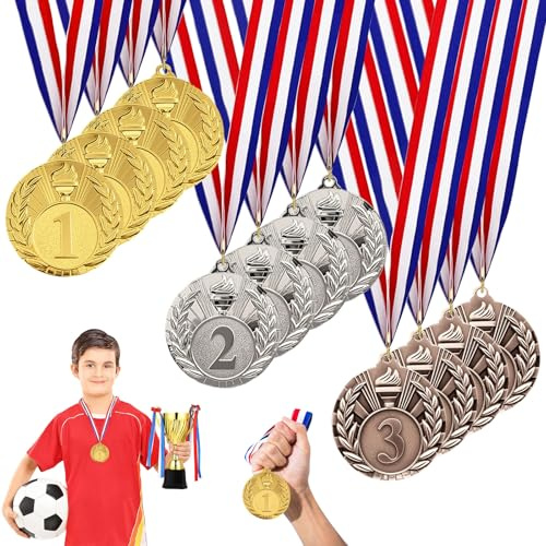 Fhioevt 12 Pezzi Medaglie Bambini Metallo Medaglie Premiazioni Medaglia Oro Argento Bronzo Vincitore Medaglia con Nastri medaglie per Bambini Adulti Feste Sport Scolastico Concorsi Calcio (5 cm)