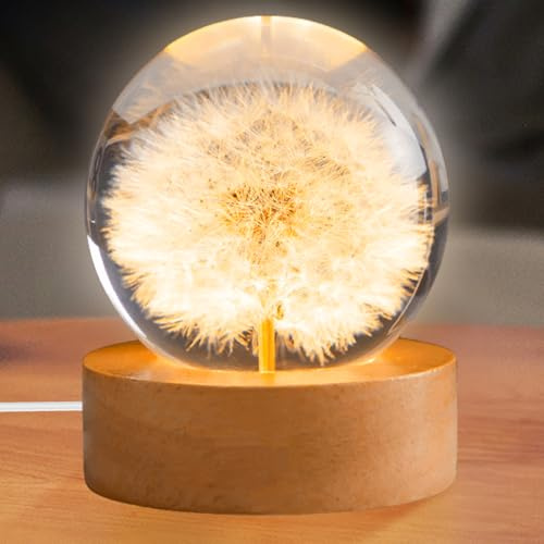 Bola de cristal de diente de león, lámpara de bola de cristal de 60 mm con calcetín de madera, decoración de bola de cristal, diente de león en cristal, bola de cristal con iluminación LED, regalos