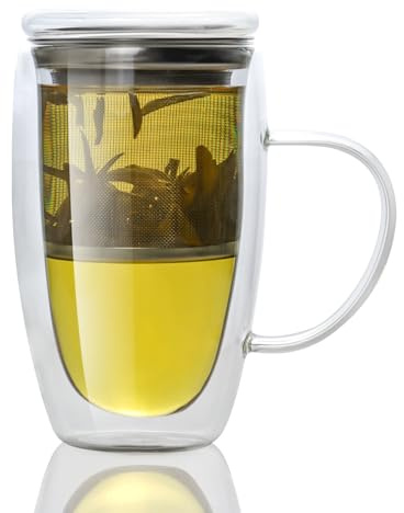 Almagic Double Wall Glass Tea Mug with Infuser and Lid, 14 oz / 400 ml