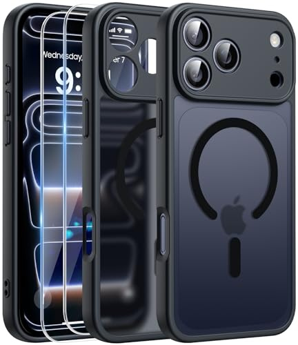FLLAO Funda para iPhone 17 Pro, Compatible MagSafe, con 2 Piezas Protector de Pantalla Cristal Templado, [Protección de Cámara] Magnética Carcasa Translúcida Mate Trasera Fina Antigolpes, Negro