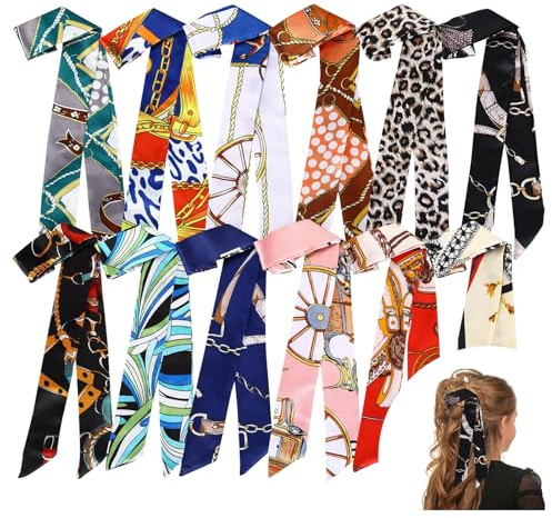FrostyFlair 12 Stück Haartuch Damen zum binden, Handtaschen Schal, Modische Accessoires, Haar Accessoire, Silk Scarf, Seidentuch Haare, Tuch, Taschenhenkel