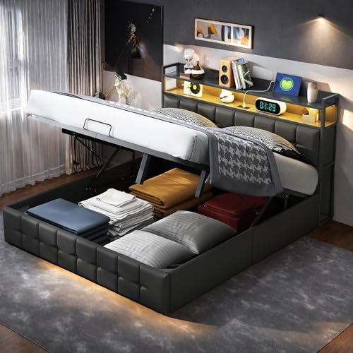 FEEOHOME Lit Double rembourré 140 x 190 cm, Lit Coffre avec Rangement et sommier à Lattes, lit Deux Places avec USB et LED, Cadre de lit avec Fonction hydraulique pour Adulte Adolescent (Noir)