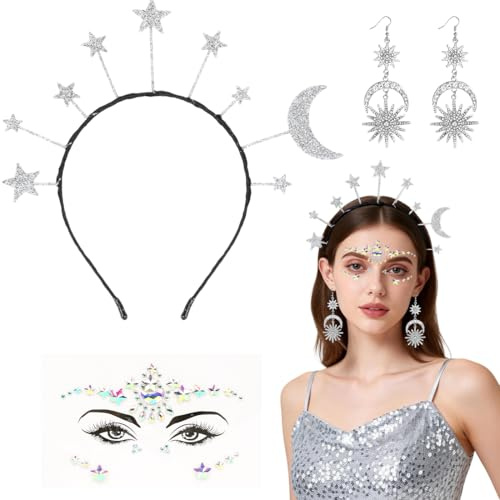 3-Teiliges Set Haarreif Sterne Silber, Karneval Haarreif Damen, Mond Sterne Stirnband, Glitzer Haarschmuck für Halloween, Maskerade