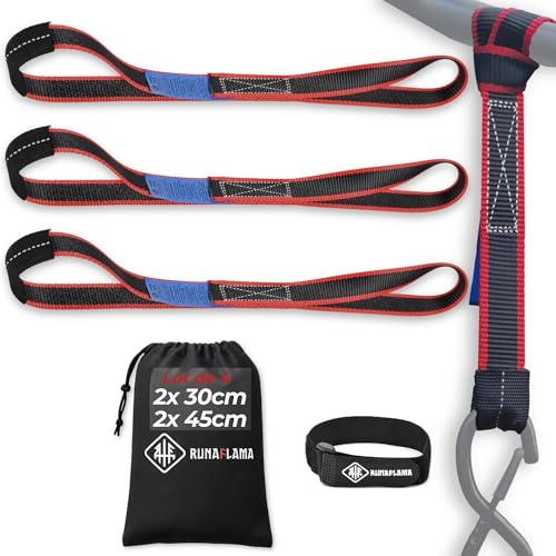 RUNAFLAMA - Sangles d'Arrimage Moto Remorque - Petite Sangle Moto pour Guidon, Cadre, Anneau Arrimage - Résistance 2400 kgf - Lot de 4 (2 x 30 cm + 2 x 45 cm) Noir avec Sac + Bande Auto-Agrippante