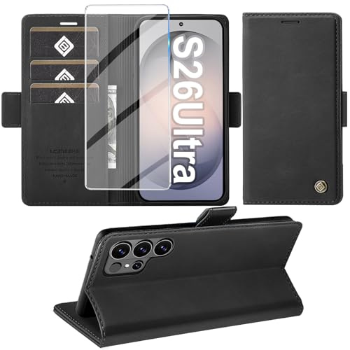 Giyer Cover per Samsung Galaxy S26 Ultra Custodia con Vetro Temperato, Premium PU Portafoglio Slot per Scheda RFID Antifurto Funzione Supporto Flip Case, Antiurto per Samsung S26 Ultra Cover (Nero)