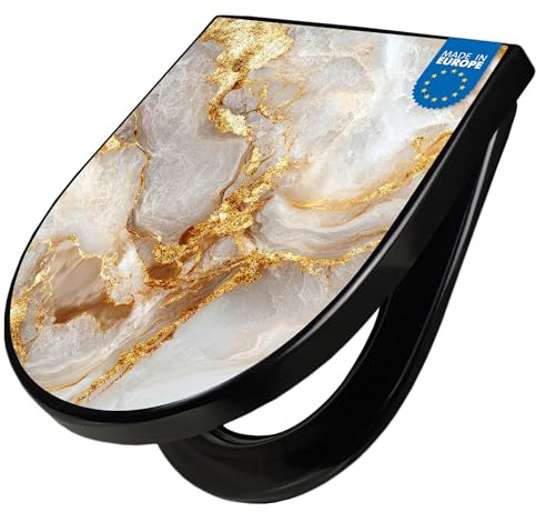 banjado WC Sitz mit Absenkautomatik D Form - Toilettendeckel mit Absenkautomatik D Form - Klodeckel Softclose - stabile Klobrille - Toilettensitz Schwarz - Motiv Schwarzer Marmor mit Gold 1