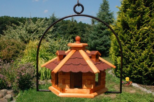 Vogelhaus mit Gauben Nr16 Dach rot und Bügel zum aufhängen von Vogelhaus, Nistkasten, Vogelhäuschen, Futterhaus, Vogelvilla und Vogelhäusern, feuerverzinkt und pulverbeschichtet, rostfrei, hängend, Vogelfutterhaus mit Futtersilo, Silo