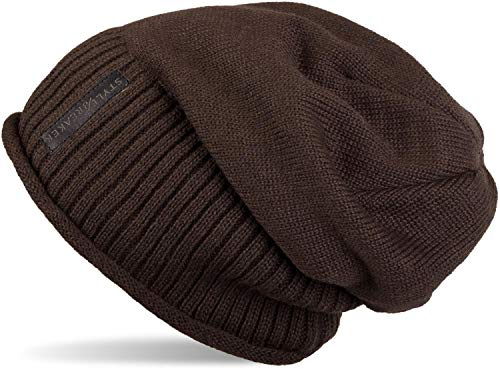 styleBREAKER Gorro Unisex con Forro Interior Polar y Etiqueta | Gorro de Punto de Invierno cálido de Punto Fino | Longbeanie elástico para Mujer y Hombre, Marrón Oscuro