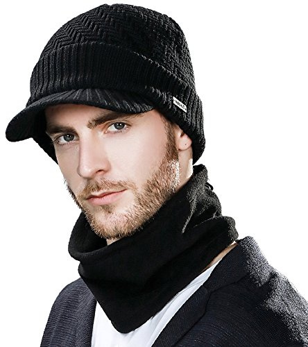 Comhats 80% Merinowolle Wintermütze mit Schirm und Fleece-Schal Warm M-XXL | PolarWool™ 80% Merinowolle, weiches Fleecefutter, Thermo-Schlauchschal, verlängerter Schirm, Zopfmuster, Golf, Wandern, Ski