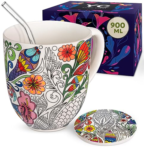 YC YANG CHAI Jumbotazza 900 ml - Tazze da Tè in Porcellana di Ossa - Set XXL con Sottobicchiere - Mug Grande, Tazza Colazione - YC Nature