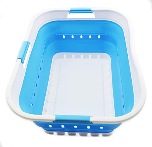 SAMMART 42L Collapsible Plastic Laundry Basket - Foldable Pop Up Storage Container/Organizer - Space Saving Hamper/Basket (White/Marine Blue, 1)