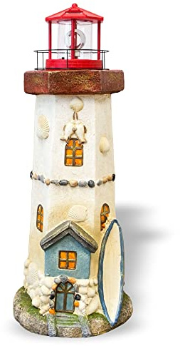 NATIV LEMODO Gartendeko Leuchtturm 81 cm hoch | Handbemalte Gartenfigur mit solarbetriebenem, rotierendem Leuchtfeuer | Maritime Außendeko mit LED Beleuchtung
