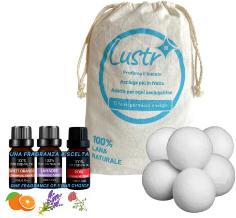 Lustr, Palline per asciugatrice, profumatore asciugatrice, Palline asciugatrice, Profumo asciugatrice, Lana, profumi, 6 Palline + Olio Essenziale Rosa Dolce