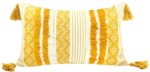 LIGICKY Boho Kissenbezug Büschelige Dekorative Kissenbezüge Getuftet Weich Kissenhülle mit Quaste Baumwolle Kissen Boho für Sofa Couch Schlafzimmer Wohnzimmer Büro Auto, 30 x 50 cm, Gelb und Weiß