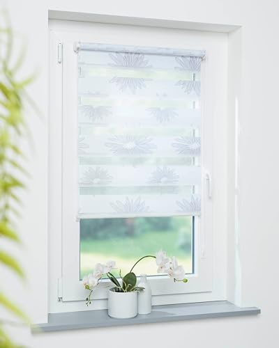 DECOLIA by Garesa Duo Rollo - Doppelrollo Klemmfix ohne Bohren 110 x 150 cm, Weiß/Grau Blüten Motiv - Fenster Sichtschutz und Lichtschutz, Mit Kettenzug