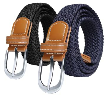 SWAUSWAUK Women's Belts x 2 pcs - Elastic Belt Women, Ladies Belts for Jeans & Pants, Slender Canvas Belt, One Size & 2.5 cm Wide (Black+Navy Blue)