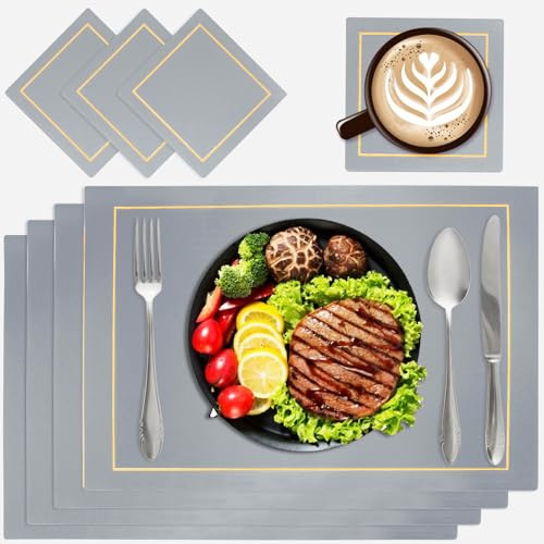 Ocves Tischsets Abwaschbar & Platzsets Abwischbar, 4er Set 43x30 cm, Hitzebeständig, Waschbar, Wasserdicht, PU-Leder Platzdeckchen mit Rutschfestem Design für Küche & Restaurant(Grau)