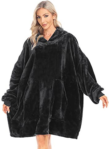 Kipswiza Blanket Hoodie – tragbare Decken, übergroße, weiche, gemütliche Flanell-Sweatshirt-Decke mit Ärmeln und riesigen Taschen für Erwachsene, Damen, Herren, Familie, Freunde, Schwarz