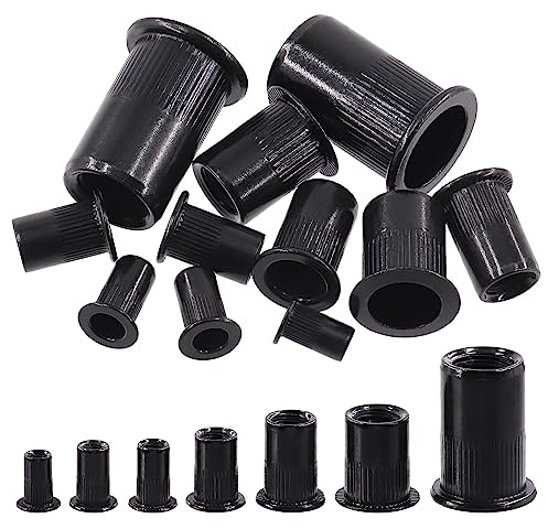 Swpeet Kit de 180 écrous à rivets métriques de 7 tailles, M3 M4 M5 M6 M8 M10 M12, écrous à rivets métriques en acier au carbone plaqué zinc, noir, à tête plate (1/4-20)