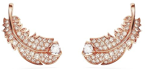 Swarovski Clous d'oreilles Nice, en forme de plumes ornées de cristaux roses, en placage de ton or rosé