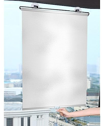 YHBZ Suction cup Roller Blinds,No-drill Retractable Sunshade,Reflective Blackout Curtain,Portable Temporary blinds for windows and doors,Sun Room Bathroom Office,Silver-W50*H125cm(19.7 * 49.2in)